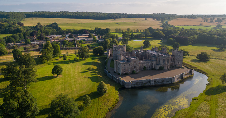 Aerial view of Raby Castle, Park and Gardens on a sunny day in County Durham. 